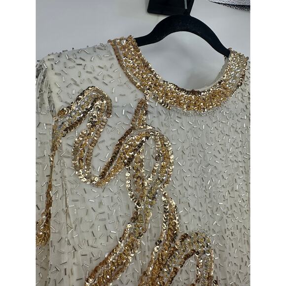 Vintage Cachet Bari Protas Womens 14 Silk Long sleeve Fully Beaded Dress Ivory - Picture 5 of 16